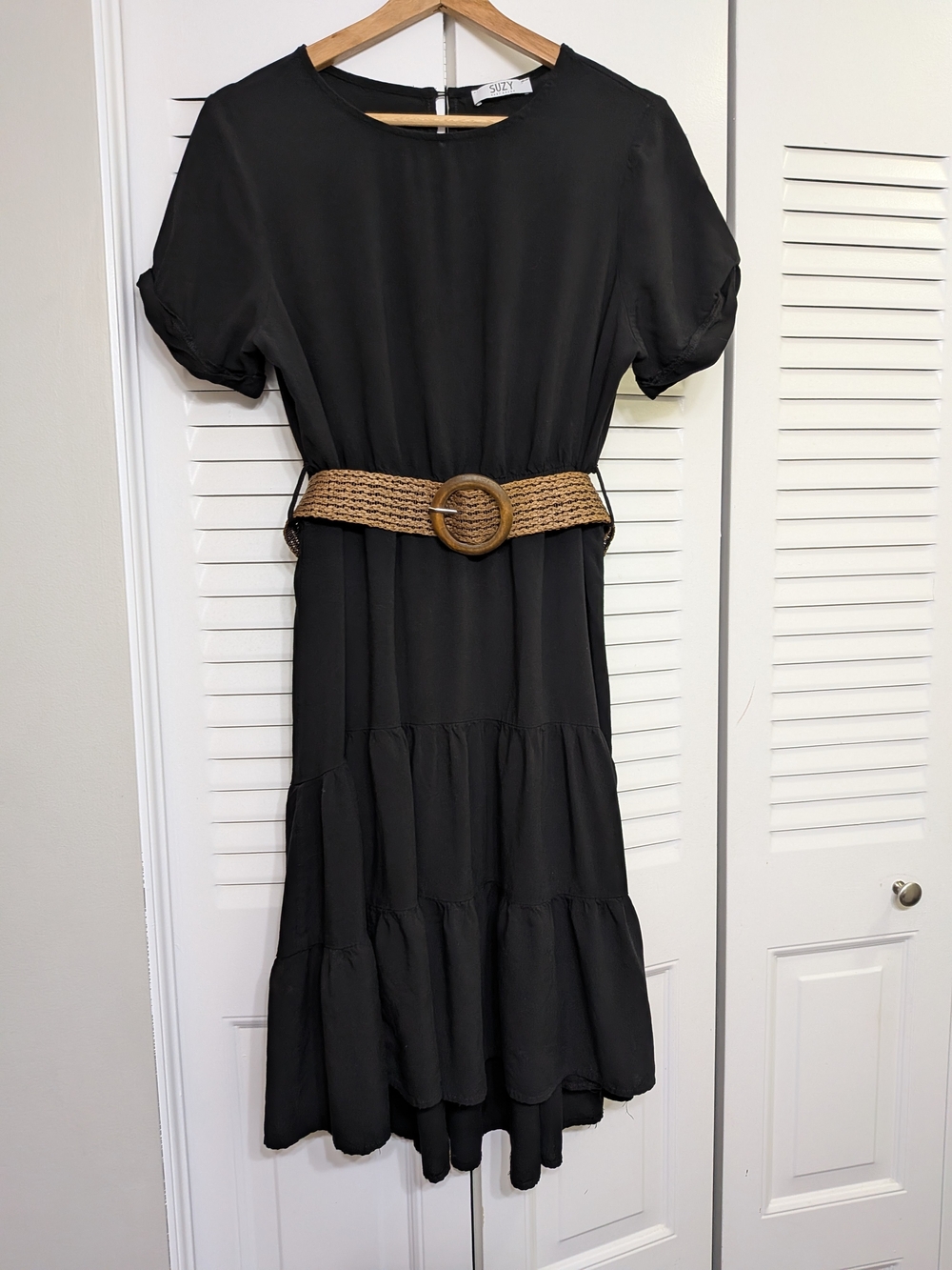 Suzy Shier Black Midi Dress with Brown Woven Belt